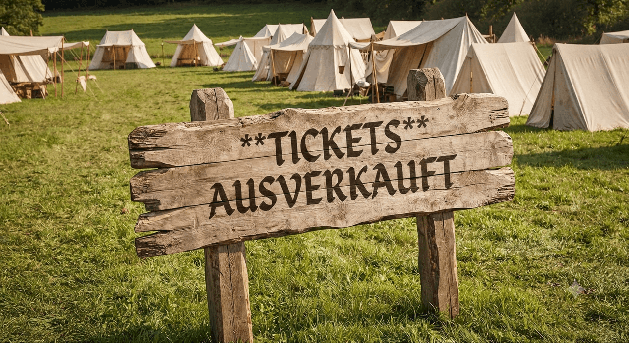 Holztafel vor Zeltlager mit Aufschrift "Tickets ausverkauft"